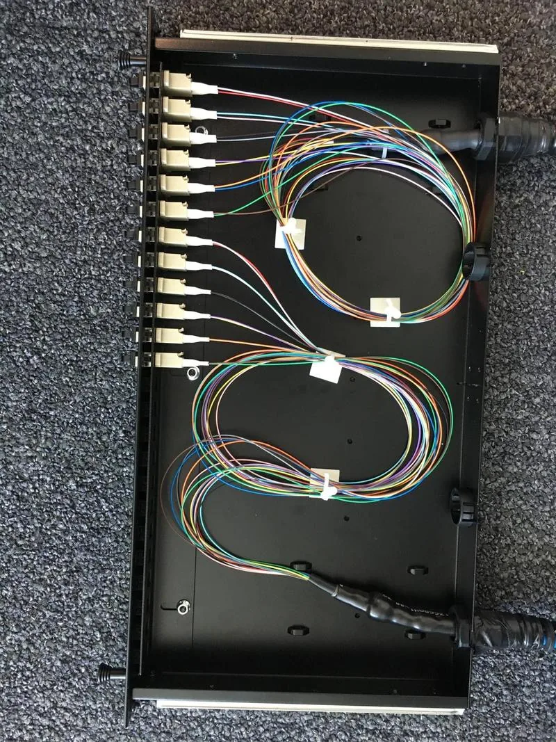 Fibre tray with tails coiled, secured and labelled